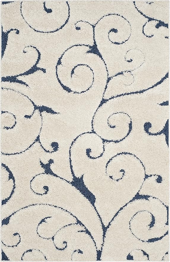 SAFAVIEH Florida Shag Collection Accent Rug - 4' x 6', Cream & Blue, Scroll Design, Non-Shedding & Easy Care, High-Low Plush Pile, Ideal for Living Room, Bedroom, Dining Space (SG455-1165)