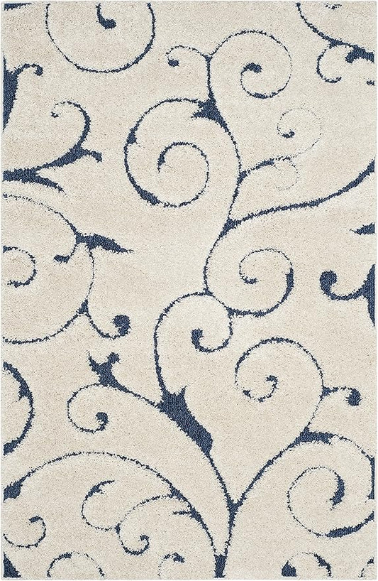 SAFAVIEH Florida Shag Collection Accent Rug - 4' x 6', Cream & Blue, Scroll Design, Non-Shedding & Easy Care, High-Low Plush Pile, Ideal for Living Room, Bedroom, Dining Space (SG455-1165)