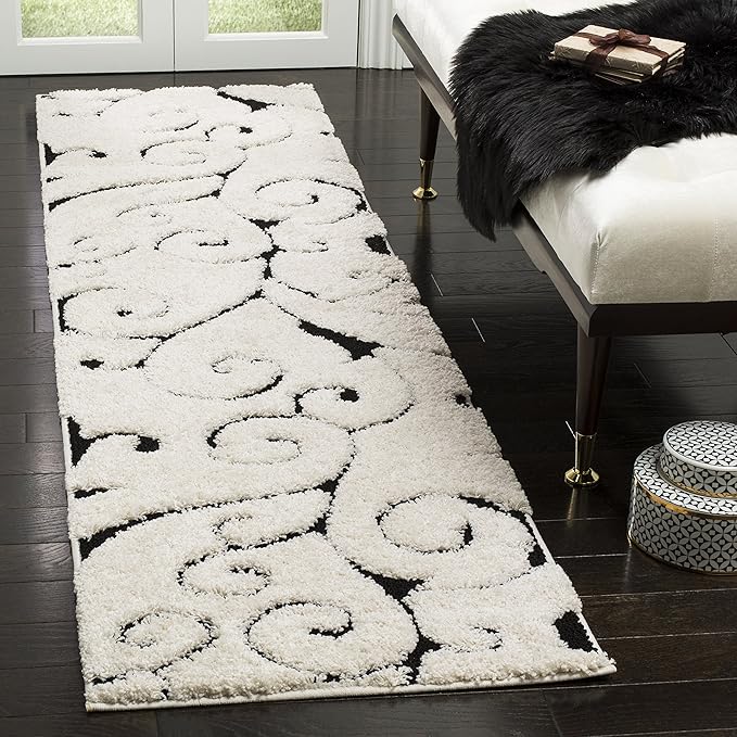 SAFAVIEH Florida Shag Collection Runner Rug - 2'3" x 19', Ivory & Black, Scroll Design, Non-Shedding & Easy to Clean, High-Low Plush Pile, Ideal for Bedroom, Foyer, Hallway (SG455-1290)
