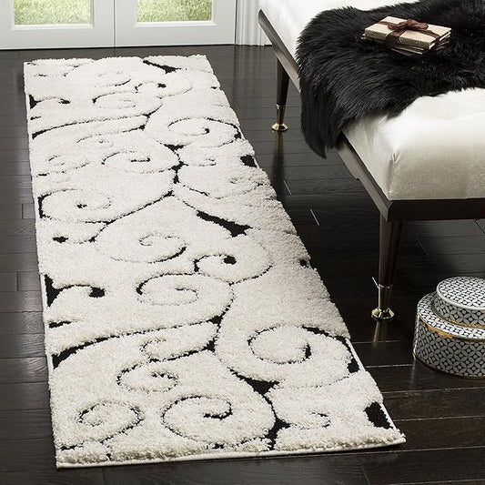 SAFAVIEH Florida Shag Collection Runner Rug - 2'3" x 15', Ivory & Black, Scroll Design, Non-Shedding & Easy to Clean, High-Low Plush Pile, Ideal for Bedroom, Foyer, Hallway (SG455-1290)
