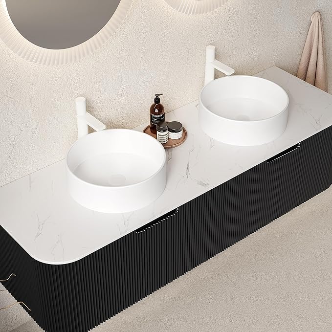 KEIKI 60" Bathroom Vanity with Sink, Wall-Mounted Floating Bathroom Vanity with Curved Edge Striped Front, 2 Drawers & 2 Round Ceramic Basins, Pre-Assembled Storage Cabinet, Black