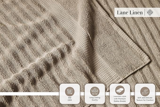 LANE LINEN Bathroom Towel Set 6 Piece - 100% Zero Twist Cotton - Super Soft & Highly Absorbent - 2 Bath, 2 Washcloths, 2 Hand Towels for Bathroom - Fade Resistant, Durable with a Luxury Look - Taupe