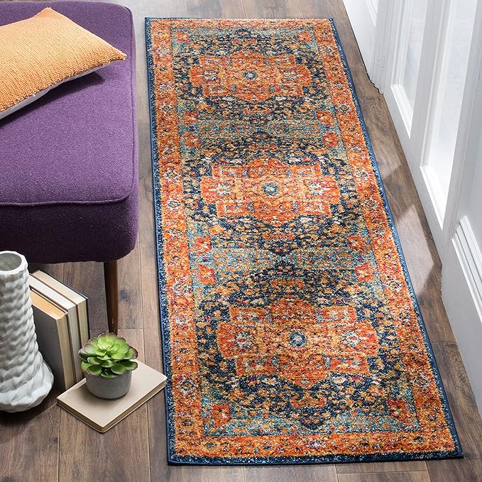 SAFAVIEH Evoke Collection 2'2" x 7' Blue/Orange EVK275C Oriental Medallion Distressed Non-Shedding Living Room Entryway Foyer Hallway Bedroom Runner Rug