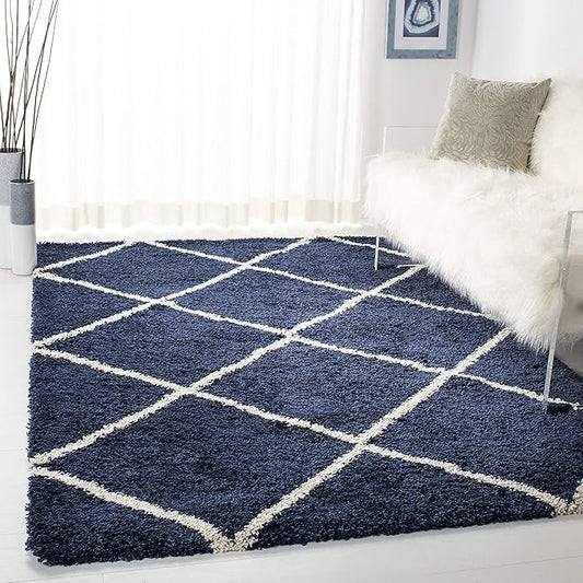 SAFAVIEH Hudson Shag Collection Area Rug - 3' Square, Navy & Ivory, Modern Trellis Design, Non-Shedding & Easy Care, 2-inch Thick Ideal for High Traffic Areas in Living Room, Bedroom (SGH281C)