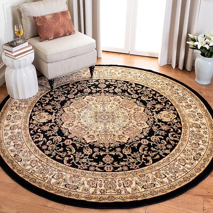 SAFAVIEH Lyndhurst Collection 5'3" Round Black/Ivory LNH222A Traditional Oriental Medallion Non-Shedding Dining Room Entryway Foyer Living Room Bedroom Area Rug