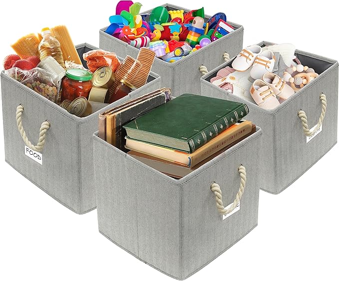 SIMPLE HOUSEWARE 11-Inch Cube Storage Bin With Braided Handles, 4 Pack, Gray