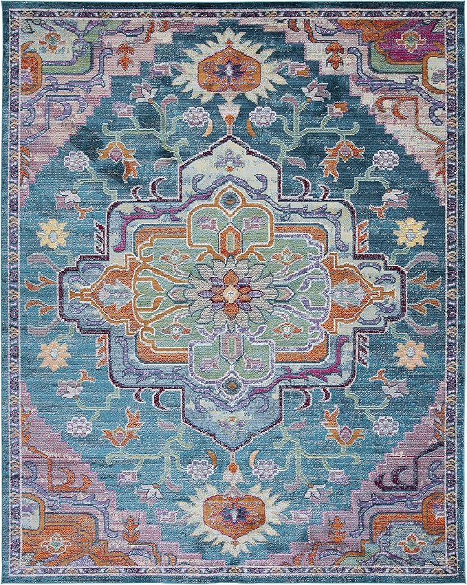 SAFAVIEH Crystal Collection X-Large Area Rug - 12' x 18', Teal & Rose, Medallion Distressed Design, Non-Shedding & Easy Care, Ideal for High Traffic Areas in Living Room, Bedroom (CRS501T)