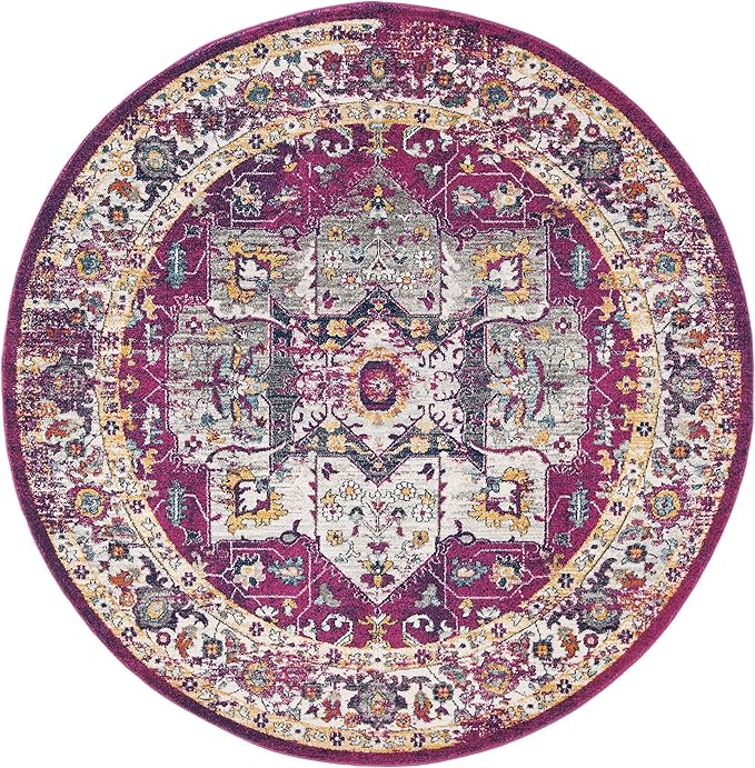 SAFAVIEH Evoke Collection Area Rug - 6'7" Round, Fuchsia & Ivory, Oriental Medallion Distressed Design, Non-Shedding & Easy Care, Ideal for High Traffic Areas in Living Room, Bedroom (EVK275R)