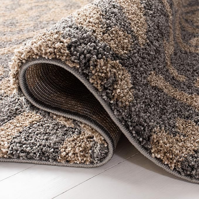 SAFAVIEH Florida Shag Collection Area Rug - 5' Square, Grey & Beige, Damask Design, Non-Shedding & Easy Care, 1.2-inch Thick Ideal for High Traffic Areas in Living Room, Bedroom (SG462-8013)