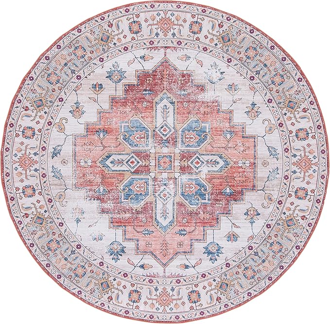 SAFAVIEH Washable Rug Tucson Collection - 5' Round, Beige & Blue, Slip Resistant & Easy to Clean, Ideal for Living Room, Bedroom, Dining Space (TSN109B)