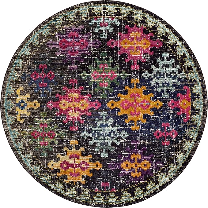 SAFAVIEH Monaco Collection Area Rug - 6'7" Round, Multi, Boho Diamond Trellis Design, Non-Shedding & Easy Care, Ideal for High Traffic Areas in Living Room, Bedroom (MNC244F)