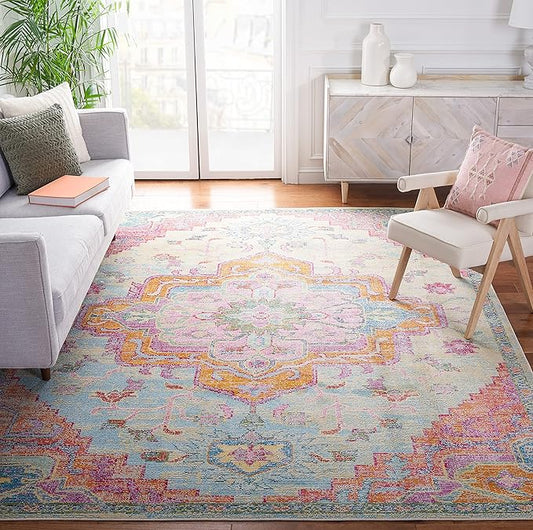 SAFAVIEH Crystal Collection X-Large Area Rug - 12' x 18', Light Blue & Fuchsia, Medallion Distressed Design, Non-Shedding & Easy Care, Ideal for High Traffic Areas in Living Room, Bedroom (CRS501B)