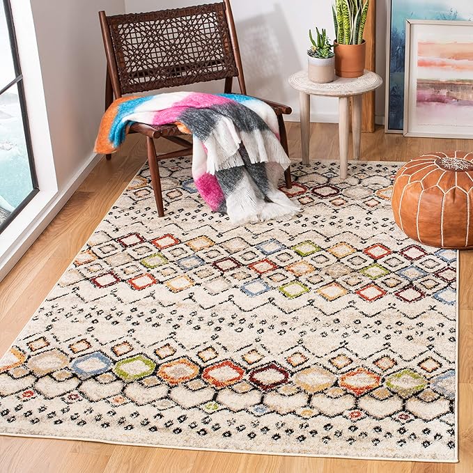 SAFAVIEH Amsterdam Collection Area Rug - 5'1" x 7'6", Ivory & Multi, Moroccan Boho Design, Non-Shedding & Easy Care, Ideal for High Traffic Areas in Living Room, Bedroom (AMS108K)