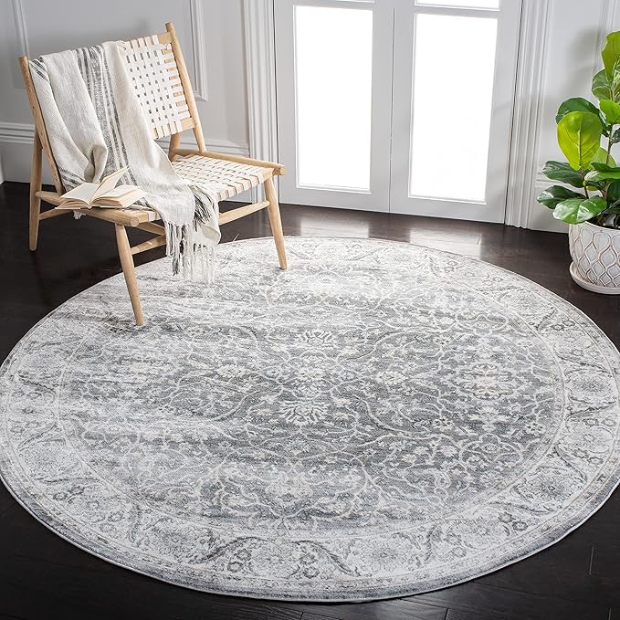 SAFAVIEH Isabella Collection Area Rug - 8' Round, Grey & Dark Grey, Oriental Design, Non-Shedding & Easy Care, Ideal for High Traffic Areas in Living Room, Bedroom (ISA912H)