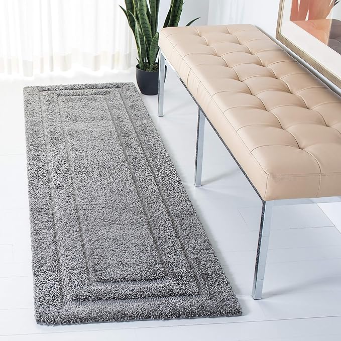 SAFAVIEH Florida Shag Collection Runner Rug - 2'3" x 9', Grey & Grey, Border Design, Non-Shedding & Easy Care, 1.2-inch Thick Ideal for High Traffic Areas in Living Room, Bedroom (SG454-8080)