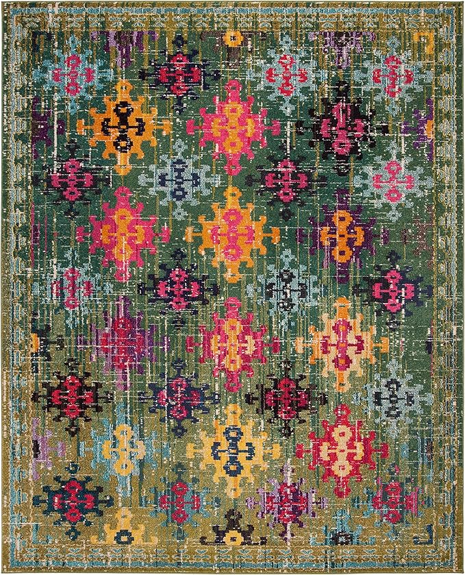 SAFAVIEH Monaco Collection Area Rug - 6'7" x 9'2", Green & Multi, Boho Diamond Trellis Design, Non-Shedding & Easy Care, Ideal for High Traffic Areas in Living Room, Bedroom (MNC244G)