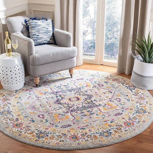 SAFAVIEH Evoke Collection 6'7" Round Grey/Grey EVK275H Oriental Medallion Distressed Non-Shedding Dining Room Entryway Foyer Living Room Bedroom Area Rug