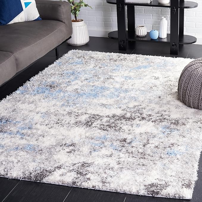 SAFAVIEH Lindsay Shag Collection Area Rug - 5'3" x 7'6", Grey & Blue Ivory, Modern Design, 1.8-inch Thick, Ideal for High Traffic Area in Living Room, Bedroom, Dining (LNS556F-5)