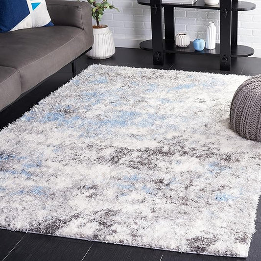 SAFAVIEH Lindsay Shag Collection Area Rug - 5'3" x 7'6", Grey & Blue Ivory, Modern Design, 1.8-inch Thick, Ideal for High Traffic Area in Living Room, Bedroom, Dining (LNS556F-5)
