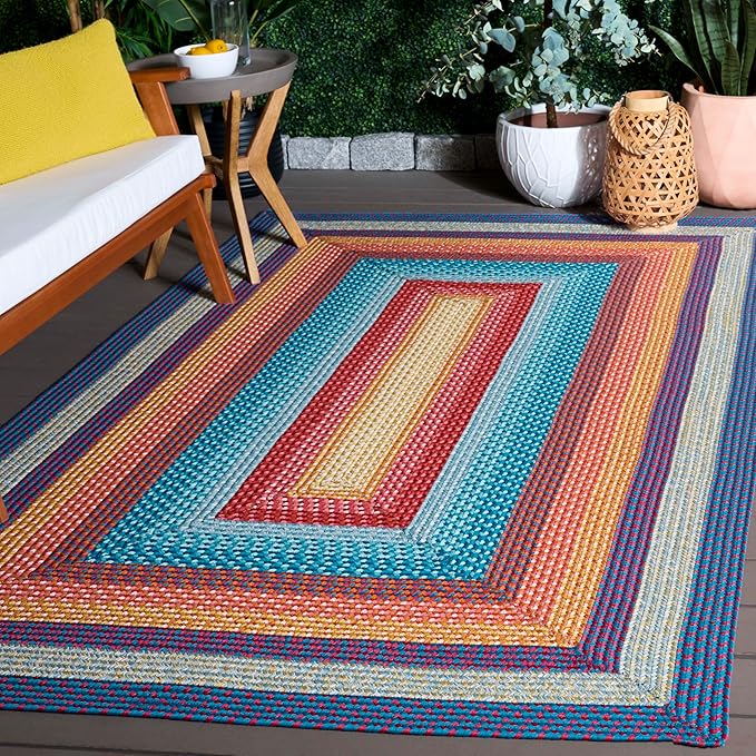 SAFAVIEH Washable Rug Outdoor Braided Collection - 4' x 6', Red & Orange, Handmade & Reversible, Non-Shedding & Easy to Clean, Ideal for Patio, Backyard, Mudroom (BRD308Q)