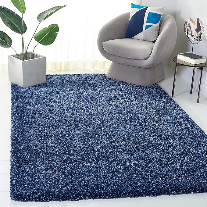 SAFAVIEH Santa Monica Shag Collection 4' x 6' Navy SGN725 Solid Non-Shedding Living Room Bedroom Dining Room Entryway Plush 2-inch Thick Area Rug