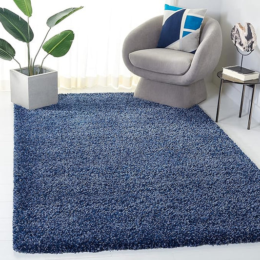 SAFAVIEH Santa Monica Shag Collection 4' x 6' Navy SGN725 Solid Non-Shedding Living Room Bedroom Dining Room Entryway Plush 2-inch Thick Area Rug