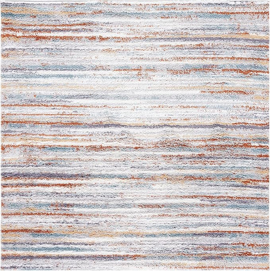 SAFAVIEH Berber Shag Collection Area Rug - 8' Square, Blue Rust & Ivory, Stripe Design, 1.2-inch Thick Ideal for High Traffic Areas in Living Room, Bedroom, Dining (BER565A-8SQ)