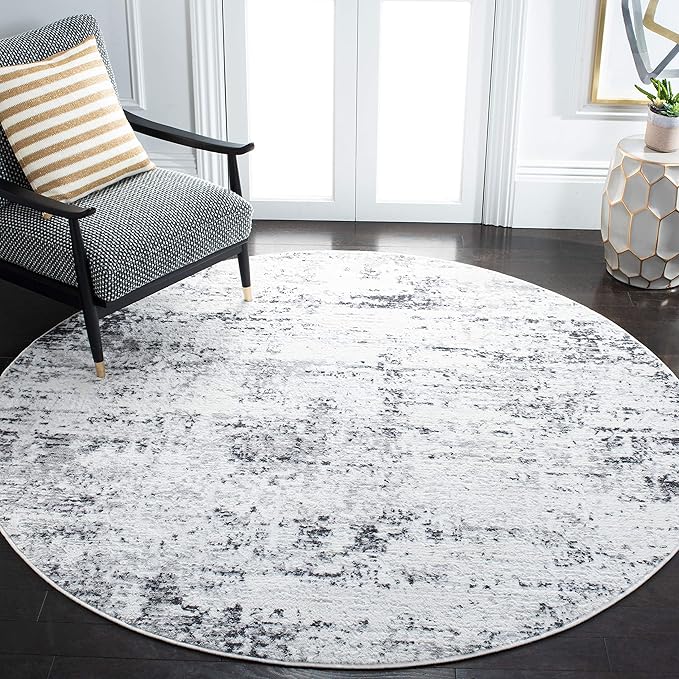 SAFAVIEH Amelia Collection Area Rug - 9' Round, Ivory & Grey, Modern Abstract Design, Non-Shedding & Easy Care, Ideal for High Traffic Areas in Living Room, Bedroom (ALA700C)