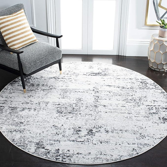 SAFAVIEH Amelia Collection Area Rug - 9' Round, Ivory & Grey, Modern Abstract Design, Non-Shedding & Easy Care, Ideal for High Traffic Areas in Living Room, Bedroom (ALA700C)