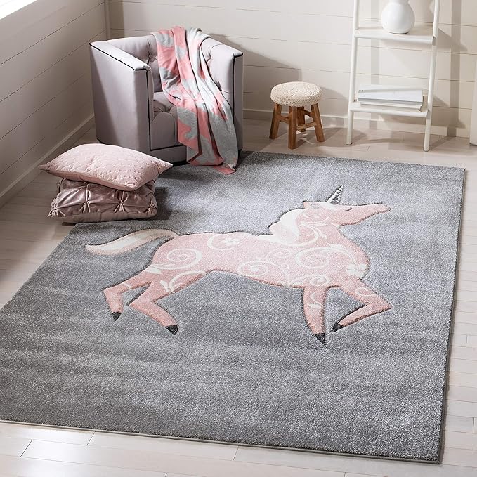 SAFAVIEH Carousel Kids Collection Area Rug - 3' Square, Grey & Pink, Non-Shedding & Easy Care, Ideal for High Traffic Areas for Boys & Girls in Playroom, Nursery, Bedroom (CRK163F)