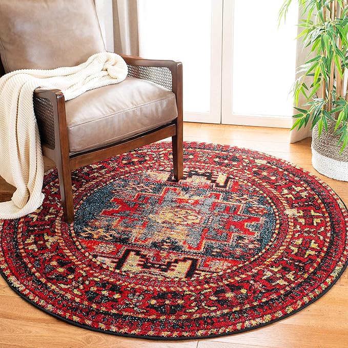 SAFAVIEH Vintage Hamadan Collection 3' Round Red / Multi VTH213A Oriental Traditional Persian Non-Shedding Dining Room Entryway Foyer Living Room Bedroom Area Rug