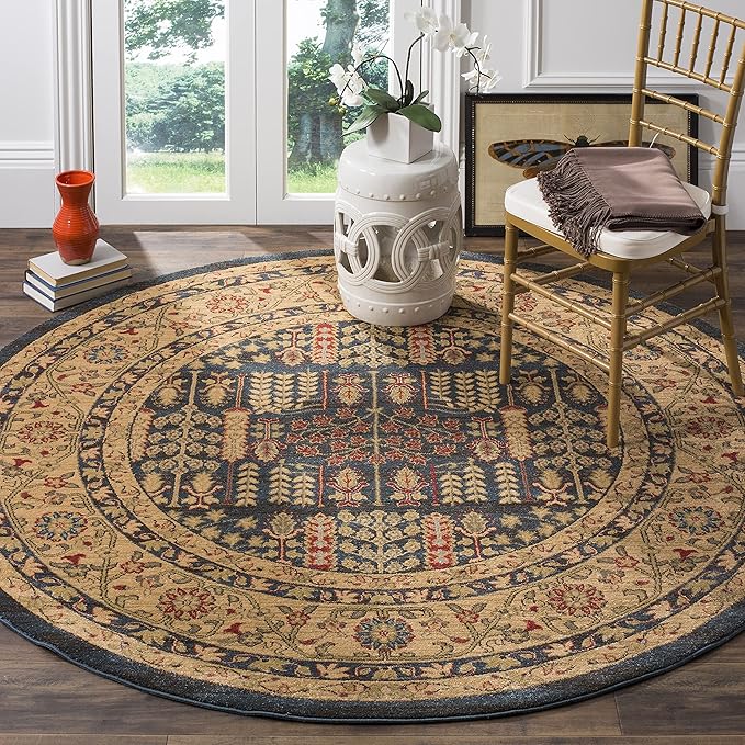 SAFAVIEH Mahal Collection Area Rug - 8' Round, Navy & Natural, Non-Shedding & Easy Care, Ideal for High Traffic Areas in The Living Room, Dining, Bedroom (MAH697E)