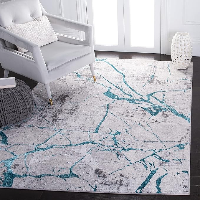 SAFAVIEH Amelia Collection Accent Rug - 4'5" x 6'5", Grey & Aqua, Modern Abstract Design, Non-Shedding & Easy Care, Ideal for High Traffic Areas in Entryway, Living Room, Bedroom (ALA293H)