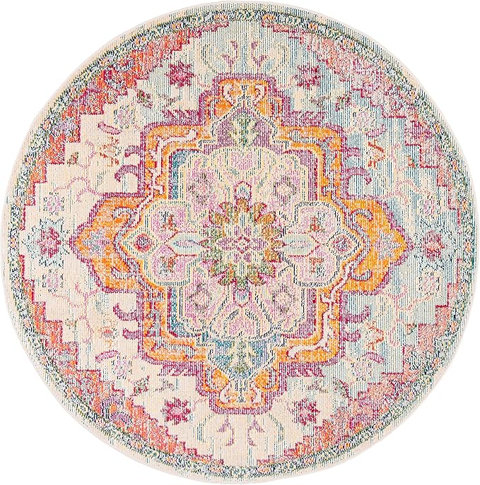 SAFAVIEH Crystal Collection Area Rug - 7' Round, Light Blue & Fuchsia, Medallion Distressed Design, Non-Shedding & Easy Care, Ideal for High Traffic Areas in Living Room, Bedroom (CRS501B)