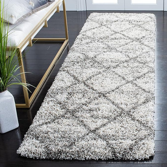 SAFAVIEH Hudson Shag Collection Runner Rug - 2'3" x 8', Grey & Beige, Modern Trellis Design, Non-Shedding & Easy Care, 2-inch Thick Ideal for High Traffic Areas in Living Room, Bedroom (SGH281J)