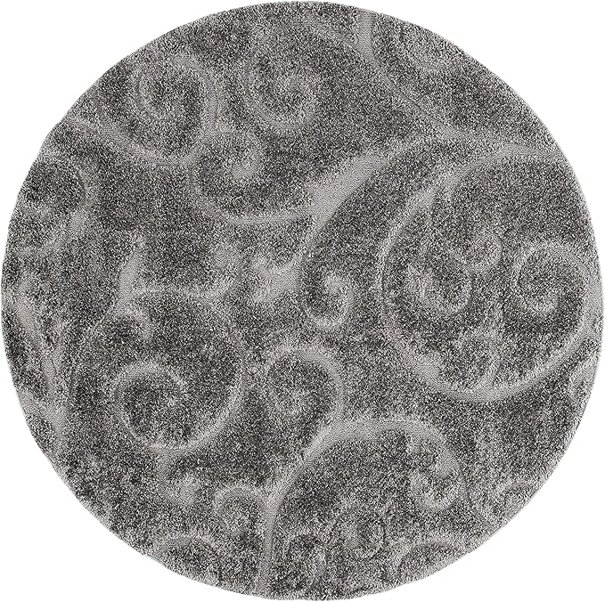 SAFAVIEH Florida Shag Collection Area Rug - 9' Round, Grey, Scroll Design, Non-Shedding & Easy to Clean, High-Low Plush Pile, Ideal for Living Room, Bedroom, Dining Space (SG455-8013)