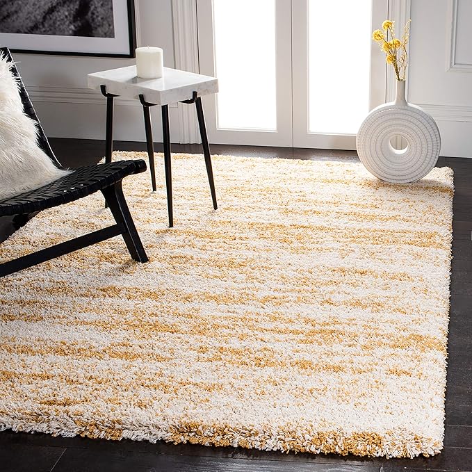 SAFAVIEH Hudson Shag Collection Area Rug - 4' Square, Ivory & Gold, Modern Design, Non-Shedding & Easy Care, 2-inch Thick Ideal for High Traffic Areas in Living Room, Bedroom (SGH206D)