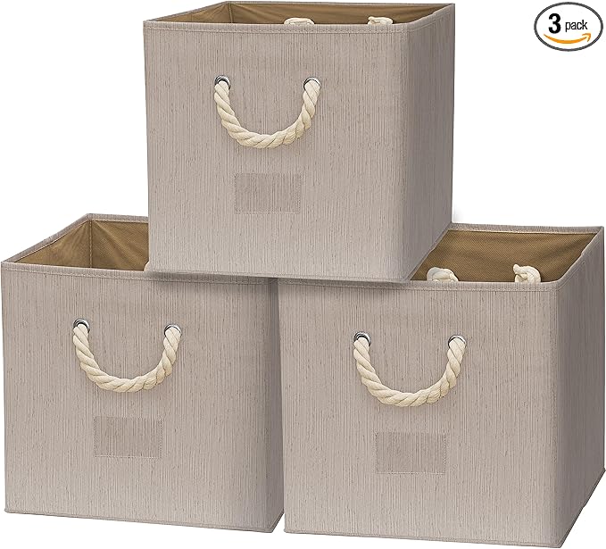 Simple Houseware 13-Inch Cube Storage Bin With Braided Handles, 3 Pack, Beige