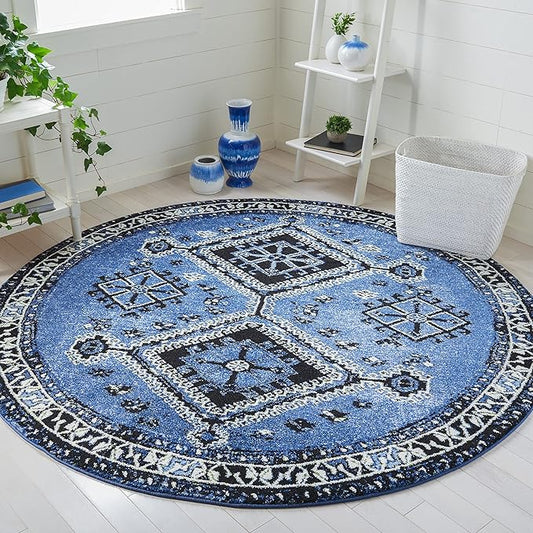 SAFAVIEH Vintage Hamadan Collection Area Rug - 6'7" Round, Blue & Black, Oriental Distressed Design, Non-Shedding & Easy Care, Ideal for High Traffic Areas in Living Room, Bedroom (VTH293M)