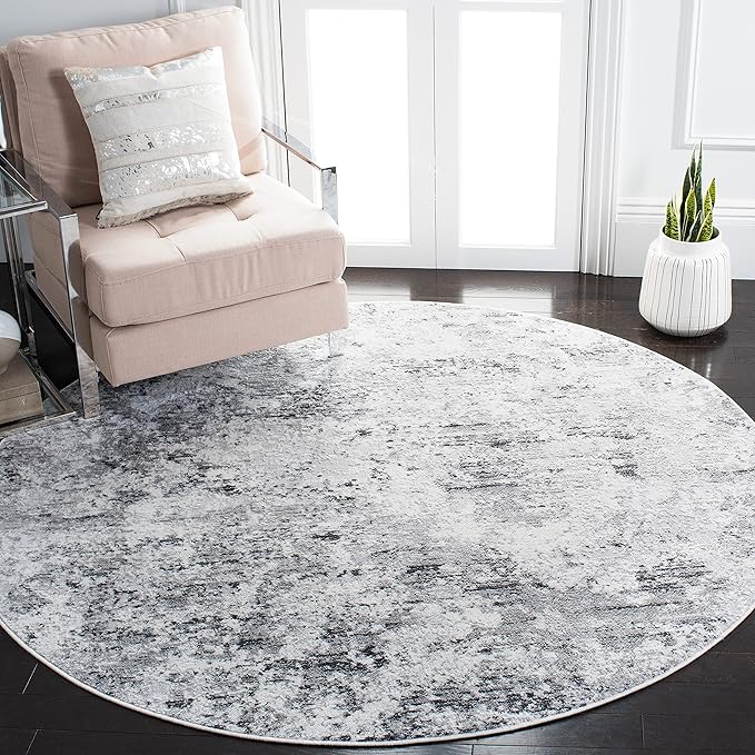 SAFAVIEH Amelia Collection Area Rug - 6'7" Round, Grey & Ivory, Modern Abstract Design, Non-Shedding & Easy Care, Ideal for High Traffic Areas in Living Room, Bedroom (ALA705G)