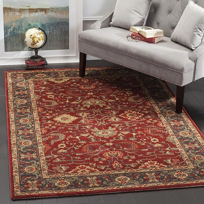 SAFAVIEH Mahal Collection Area Rug - 6'7" Square, Red & Natural, Traditional Oriental Design, Non-Shedding & Easy Care, Ideal for High Traffic Areas in Living Room, Bedroom (MAH697A)
