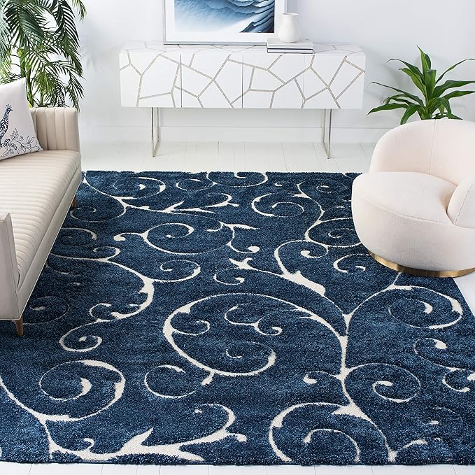 SAFAVIEH Florida Shag Collection Area Rug - 9'6" x 13', Dark Blue & Cream, Scroll Design, Non-Shedding & Easy to Clean, High-Low Plush Pile, Ideal for Living Room, Bedroom, Dining Space (SG455-6511)