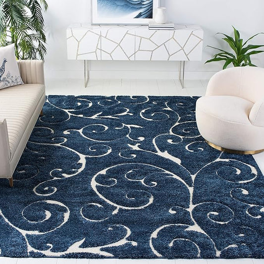 SAFAVIEH Area Rug 9x12 - Florida Shag Collection - Large - Dark Blue & Cream, Scroll Design, Non-Shedding & Easy to Clean, High-Low Plush Pile, Ideal for Living Room, Bedroom, Dining (SG455-6511)