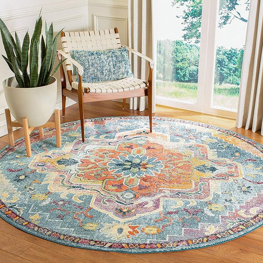 SAFAVIEH Crystal Collection Area Rug - 5' Round, Teal & Orange, Medallion Distressed Design, Non-Shedding & Easy Care, Ideal for High Traffic Areas in Living Room, Bedroom (CRS501J)