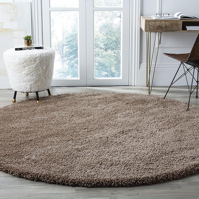 SAFAVIEH Santa Monica Shag Collection 6'7" Round Taupe SGN725 Solid Non-Shedding Living Room Bedroom Dining Room Entryway Plush 2-inch Thick Area Rug