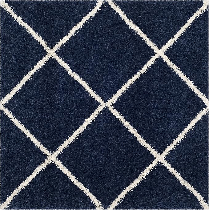 SAFAVIEH Hudson Shag Collection Area Rug - 5' Square, Navy & Ivory, Modern Trellis Design, Non-Shedding & Easy Care, 2-inch Thick Ideal for High Traffic Areas in Living Room, Bedroom (SGH281C)