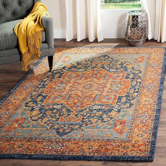 SAFAVIEH Evoke Collection Area Rug - 5'3" Square, Blue & Orange, Oriental Medallion Distressed Design, Non-Shedding & Easy Care, Ideal for High Traffic Areas in Living Room, Bedroom (EVK275C)