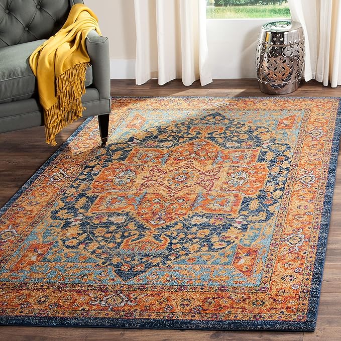SAFAVIEH Evoke Collection Area Rug - 6'7" Square, Blue & Orange, Oriental Medallion Distressed Design, Non-Shedding & Easy Care, Ideal for High Traffic Areas in Living Room, Bedroom (EVK275C)
