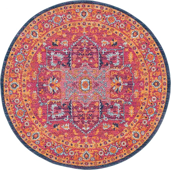 SAFAVIEH Evoke Collection Area Rug - 3' Round, Fuchsia & Orange, Oriental Medallion Distressed Design, Non-Shedding & Easy Care, Ideal for High Traffic Areas in Living Room, Bedroom (EVK275S)
