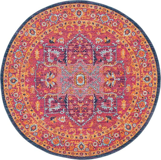 SAFAVIEH Evoke Collection Area Rug - 3' Round, Fuchsia & Orange, Oriental Medallion Distressed Design, Non-Shedding & Easy Care, Ideal for High Traffic Areas in Living Room, Bedroom (EVK275S)